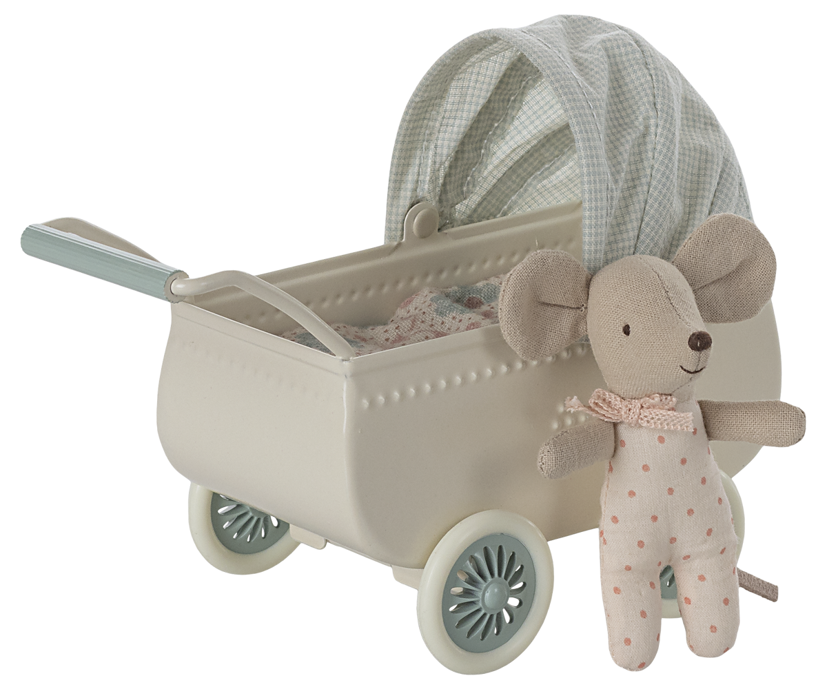 Maileg Pram with Baby Mouse - Mint