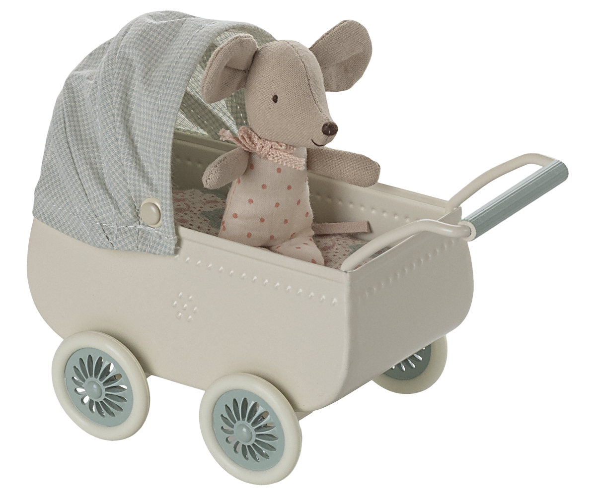 Maileg Pram with Baby Mouse - Mint