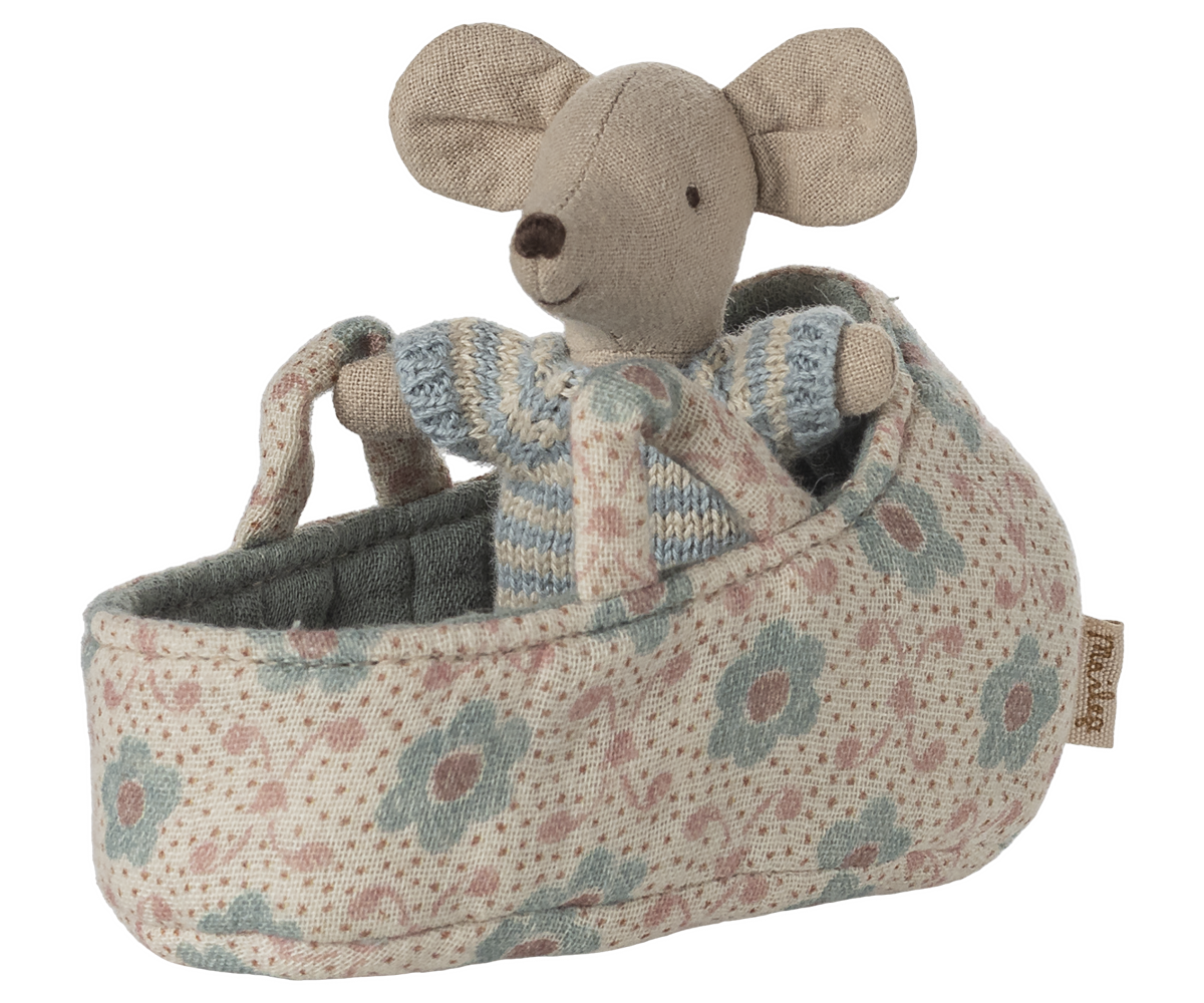 Maileg Baby Mouse in Carry Cot - Blue