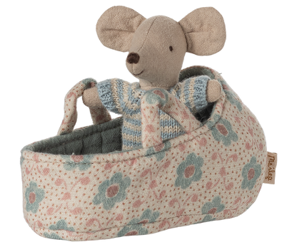 Maileg Baby Mouse in Carry Cot - Blue