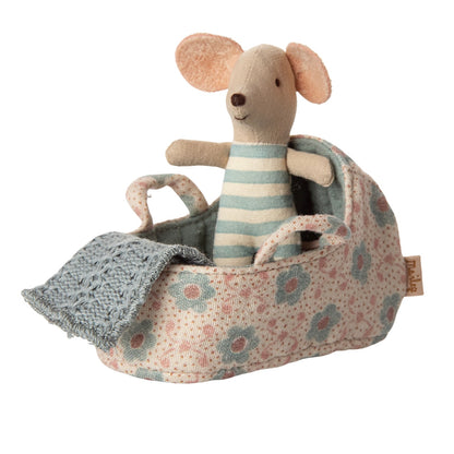 Maileg Carry Cot, Baby Mouse - Blue