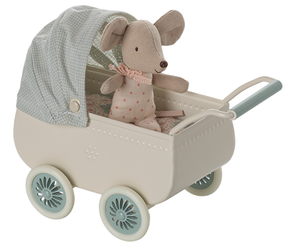 Maileg Pram with Baby Mouse - Mint