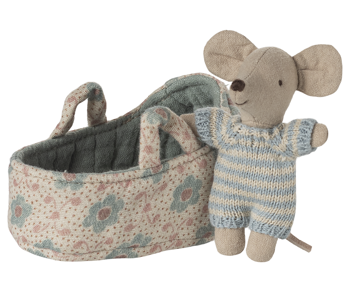 Maileg Baby Mouse in Carry Cot - Blue