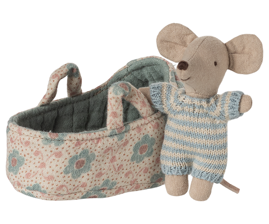 Maileg Baby Mouse in Carry Cot - Blue