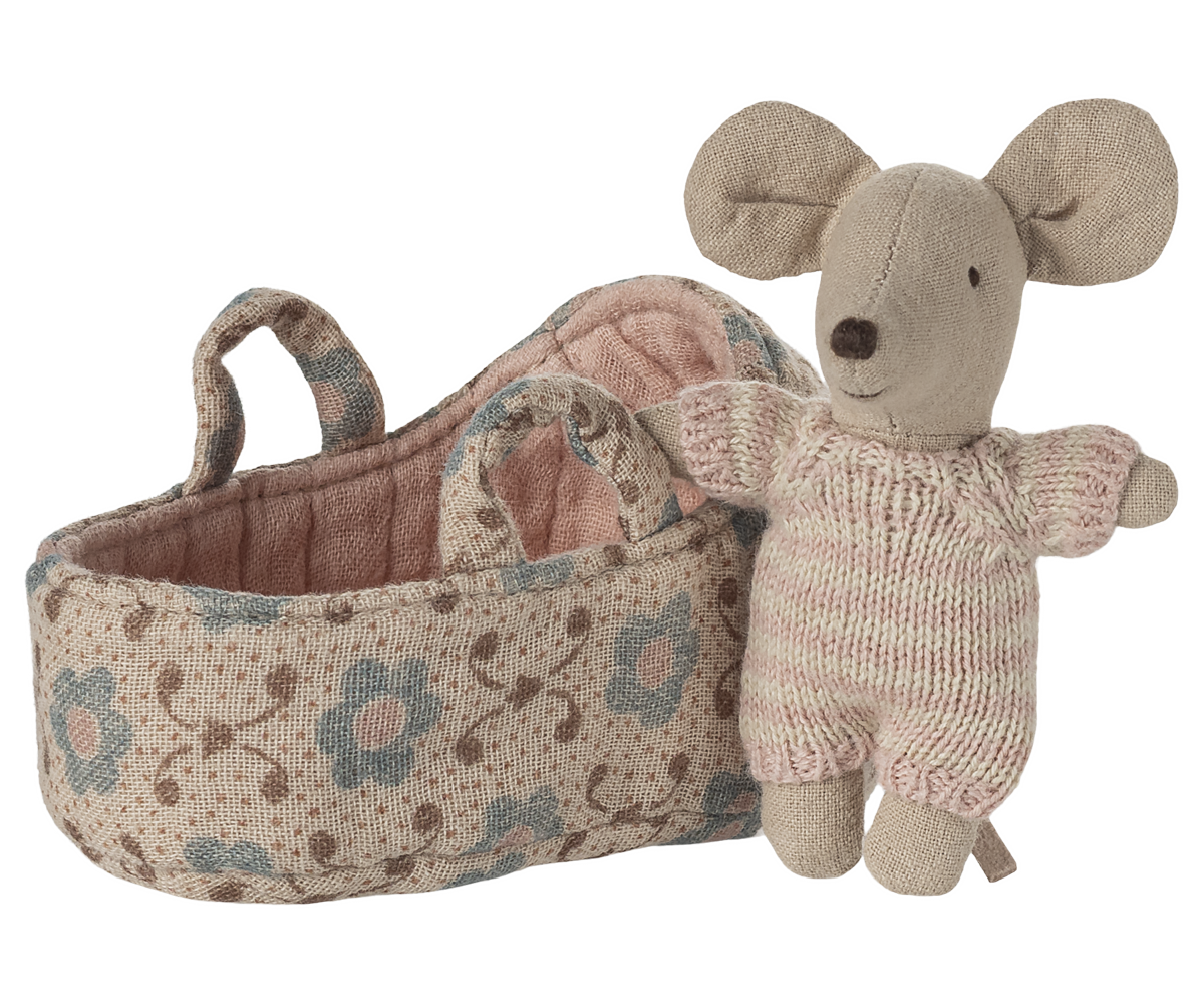 Maileg Baby Mouse in Carry Cot - Rose