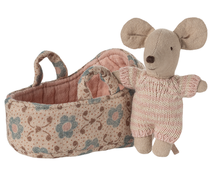 Maileg Baby Mouse in Carry Cot - Rose