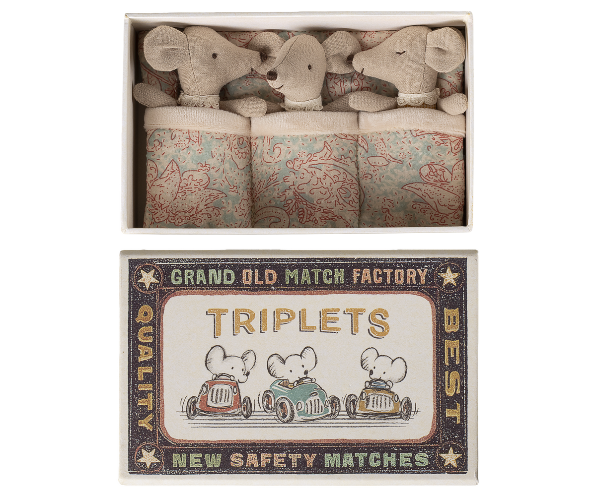 Maileg Triplet, Baby Mice in Matchbox - Checker