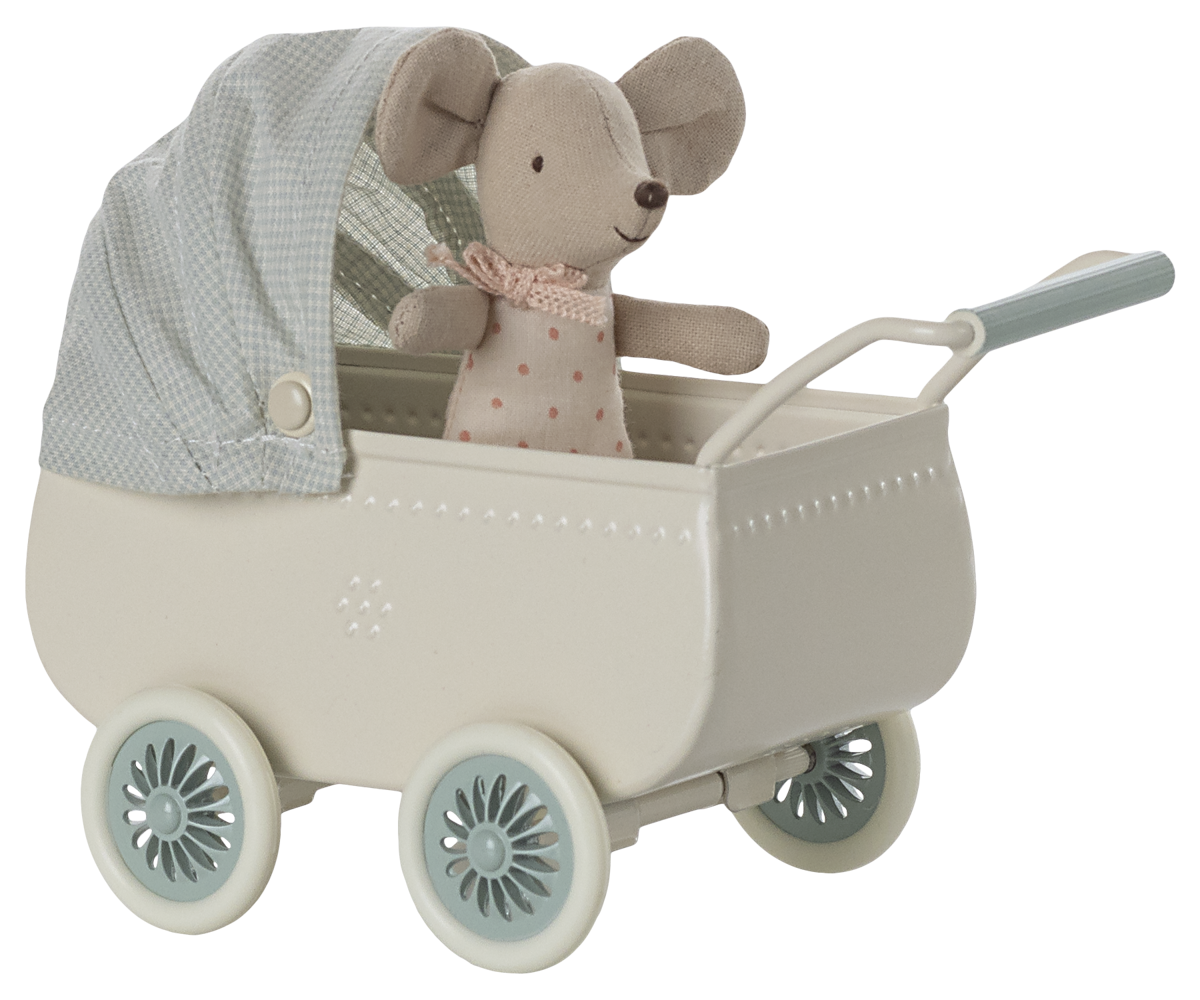 Maileg Pram with Baby Mouse - Mint
