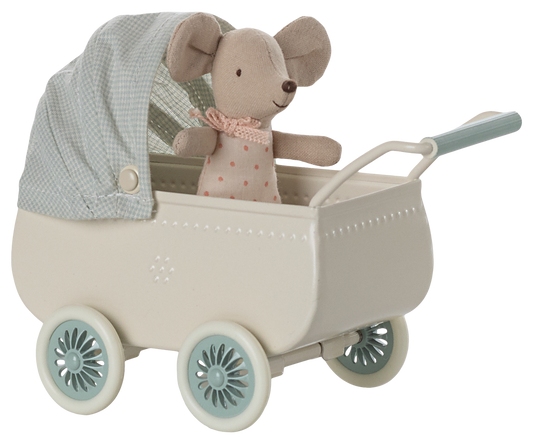 Maileg Pram with Baby Mouse - Mint